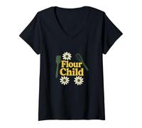 Femme Farine enfant rétro pâtisserie hippie cuisine groovy boulanger T-Shirt avec Col en V
