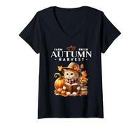 Femme Farm Fresh Autumn Harvest Fall Woodland Creature Kitty Chat T-Shirt avec Col en V