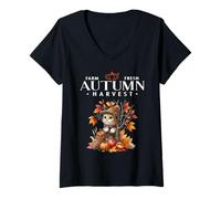 Femme Farm Fresh Autumn Harvest Trendy Woodland Kitty Fall T-Shirt avec Col en V