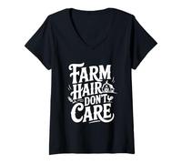 Femme Farm Hair s'en fout de Funny Country T-Shirt avec Col en V