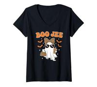 Femme Fashion Ghost Boo JEE Boujee Imprimé Léopard Latte Fall Vibes T-Shirt avec Col en V