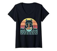 Femme Fat Cat Ramen Rétro Synthwave Neko Kawaii Anime Cat T-Shirt avec Col en V