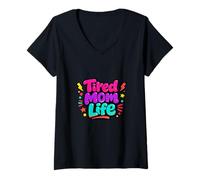 Femme Fatigué Moms Club Funny Saying Mother's Day Mama T-Shirt avec Col en V