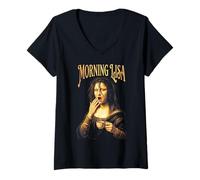 Femme Fatigué Mona Lisa Morning Coffee Funny Leonardo Da Vinci T-Shirt avec Col en V