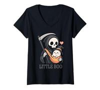 Femme Faucheur Halloween Tenant bébé fantôme scène Mignonne T-Shirt avec Col en V