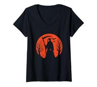 Femme Faucheuse avec Faux Lune d'halloween T-Shirt avec Col en V