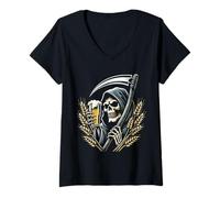 Femme Faucheuse de bière blanche amateurs de bière tête de mort drôle T-Shirt avec Col en V