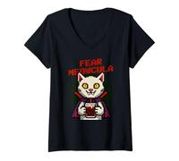 Femme Fear Meowcula Funny Pixel Art Vampire Chat Halloween T-Shirt avec Col en V