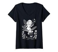 Femme Fée chevauchant une libellule T-Shirt avec Col en V