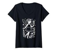 Femme Fée couronnée de Fleurs avec Fleur T-Shirt avec Col en V