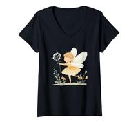 Femme Fée de fleurs avec pissenlit dans les mains et graines volantes T-Shirt avec Col en V