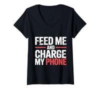 Femme Feed Me and Charge My Phone Food Battery Hungry - T-Shirt avec Col en V