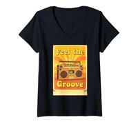 Femme Feel The Groove Illustration Vintage Boombox Radiating Warm T-Shirt avec Col en V