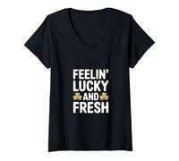 Femme Feelin Lucky and Fresh Trèfle pour la Saint-Patrick T-Shirt avec Col en V