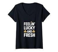 Femme Feelin Lucky and Fresh Trèfle pour la Saint-Patrick T-Shirt avec Col en V
