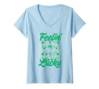 Femme Feelin' Lucky Retro St. Patrick's Day Shamrock Checkerboard T-Shirt avec Col en V