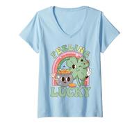 Femme Feeling Lucky Four Leaf Clover Irish Luck Humor T-Shirt avec Col en V
