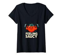 Femme Feeling Saucy Funny Fitness and Food Design T-Shirt avec Col en V