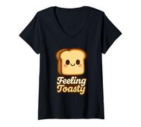 Femme Feeling Toasty Cute Toast Objet Cartoon Style GenZ Fans Art T-Shirt avec Col en V
