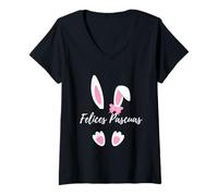 Femme Felices Pascuas Happy Easter Graphique Fantaisie Espagnol T-Shirt avec Col en V