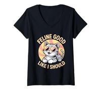 Femme Feline Good Like I Should! Amoureux des chats T-Shirt avec Col en V
