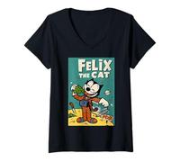 Femme Felix Le Chat Moon Dreamer - Animation céleste rétro des années 1920 T-Shirt avec Col en V