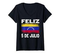 Femme Feliz 5 De Julio Fête de l'indépendance du Venezuela T-Shirt avec Col en V