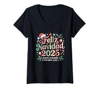 Femme Feliz Navidad 2025 Assortiment Familial Espagnol de Noël Mexicain T-Shirt avec Col en V
