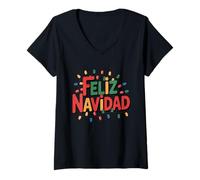 Femme Feliz Navidad avec Guirnalda de Luces Festivas T-Shirt avec Col en V