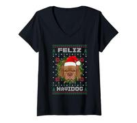 Femme Feliz Navidog Dogue de Bordeaux Dog Fun Ugly Christmas Xmas T-Shirt avec Col en V