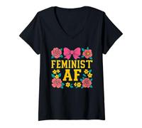 Femme Féministe AF Bold Varsity Floral Equality Design T-Shirt avec Col en V