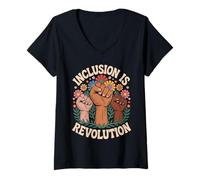 Femme Féministe Fleur Levée Poing Social Justice Égalité Mouvement T-Shirt avec Col en V