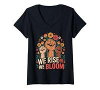 Femme Féministe Fleur Levée Poing Social Justice Égalité Mouvement T-Shirt avec Col en V