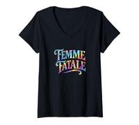 Femme Femme Fatale Rétro Rainbow Typographie Déclaration T-Shirt avec Col en V