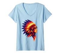 Femme Femme Indienne amérindienne avec Coiffe colorée T-Shirt avec Col en V