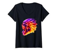 Femme Femme Indienne amérindienne avec Coiffe colorée T-Shirt avec Col en V