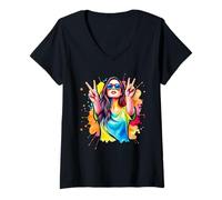 Femme Femme montre le signe de la paix - Éclaboussures colorées des années 70 1 - Fan Fun T-Shirt avec Col en V