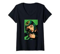 Femme Femme Mystique avec Chat Noir Pop Art, Love Cats T-Shirt avec Col en V