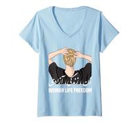 Femme Femme Vie Liberté Iran Zan Zendegi Azadi T-Shirt avec Col en V, Bleu Céleste, M