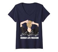 Femme Femme Vie Liberté Iran Zan Zendegi Azadi T-Shirt avec Col en V, Bleu Marine, S