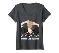 Femme Femme Vie Liberté Iran Zan Zendegi Azadi T-Shirt avec Col en V, Chiné Foncé, L