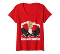 Femme Femme Vie Liberté Iran Zan Zendegi Azadi T-Shirt avec Col en V, Rouge, L