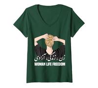 Femme Femme Vie Liberté Iran Zan Zendegi Azadi T-Shirt avec Col en V, Vert Forêt, M