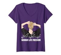 Femme Femme Vie Liberté Iran Zan Zendegi Azadi T-Shirt avec Col en V, Violet, M