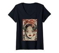 Femme Femmes mystiques japonaises et cerisier en fleurs Kanji japonais T-Shirt avec Col en V