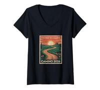 Femme Femmes The Way is Calling Camino 2026 Vintage Paysage T-Shirt avec Col en V