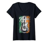 Femme Fender St. Patrick's Day Electric Guitar Irish Flag Backdrop T-Shirt avec Col en V
