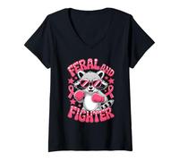 Femme Feral and Fighter Breast Cancer Awareness Boxing Raccoon T-Shirt avec Col en V