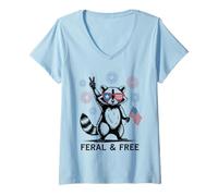 Femme Feral and Free Raton Laveur Lunettes Drapeau USA Peace Fête T-Shirt avec Col en V