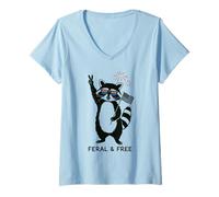 Femme Feral and Free Raton Laveur Peace USA Lunettes Feu Artifice T-Shirt avec Col en V